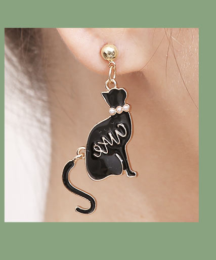舞動珍珠黑色小貓 無耳洞黏貼式耳環