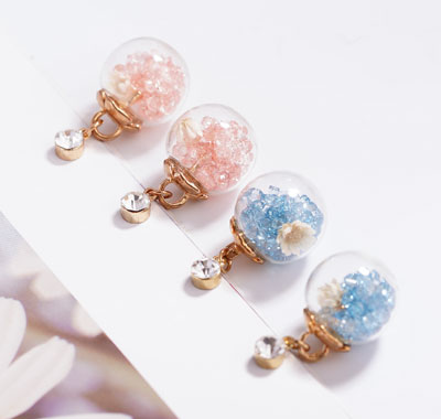 彩色水晶透明玻璃球乾花 無耳洞黏貼式耳環