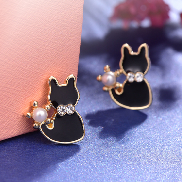 優雅珍珠小黑貓-無耳洞黏貼式耳環