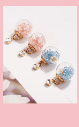 彩色水晶透明玻璃球乾花-無耳洞黏貼式耳環