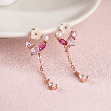 花朵粉鑽流蘇水滴無耳洞黏貼式耳環