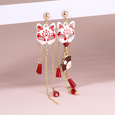 可愛狐狸系列-面具扇子流蘇-耳針無耳洞黏貼式耳環