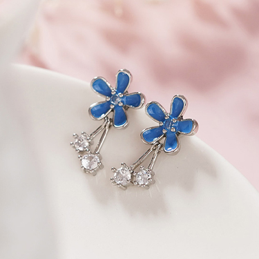 清新小藍花鑲鑽-無耳洞黏貼式耳環