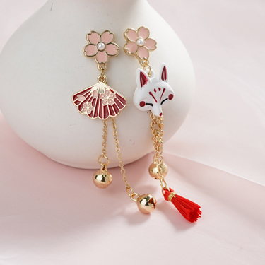 可愛狐狸系列-日系櫻花珍珠扇子-耳針無耳洞黏貼式耳環
