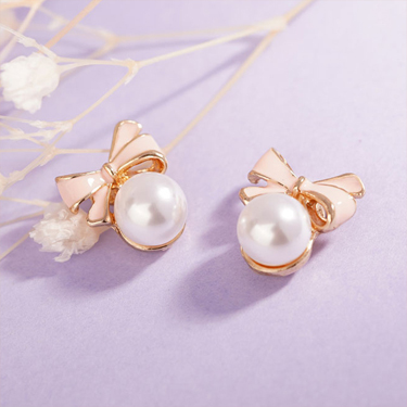 甜美可愛蝴蝶結珍珠-耳針無耳洞黏貼式耳環