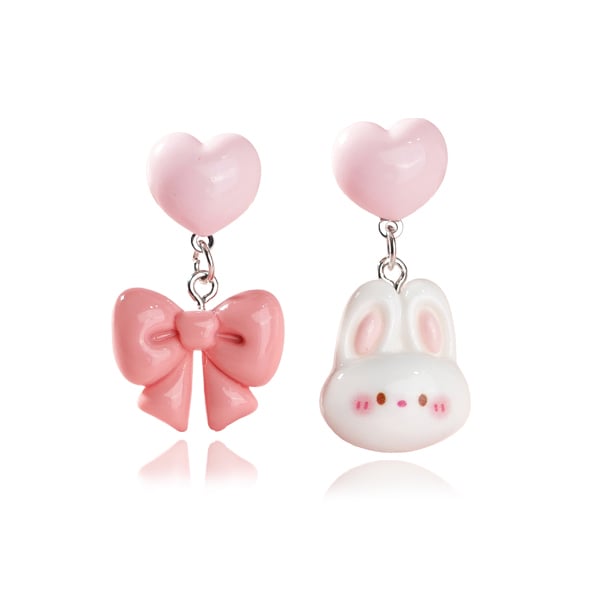 不對稱蝴蝶結兔兔-無耳洞黏貼式耳環