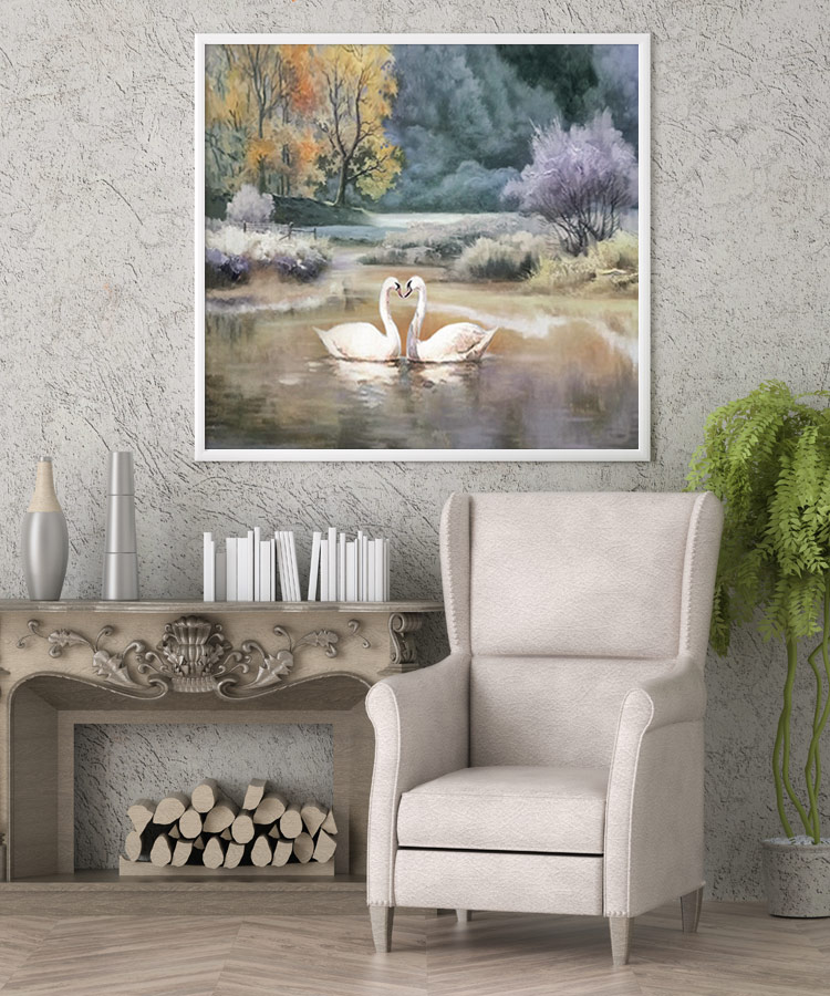 湖中天鵝 | 手繪油畫 場景展示