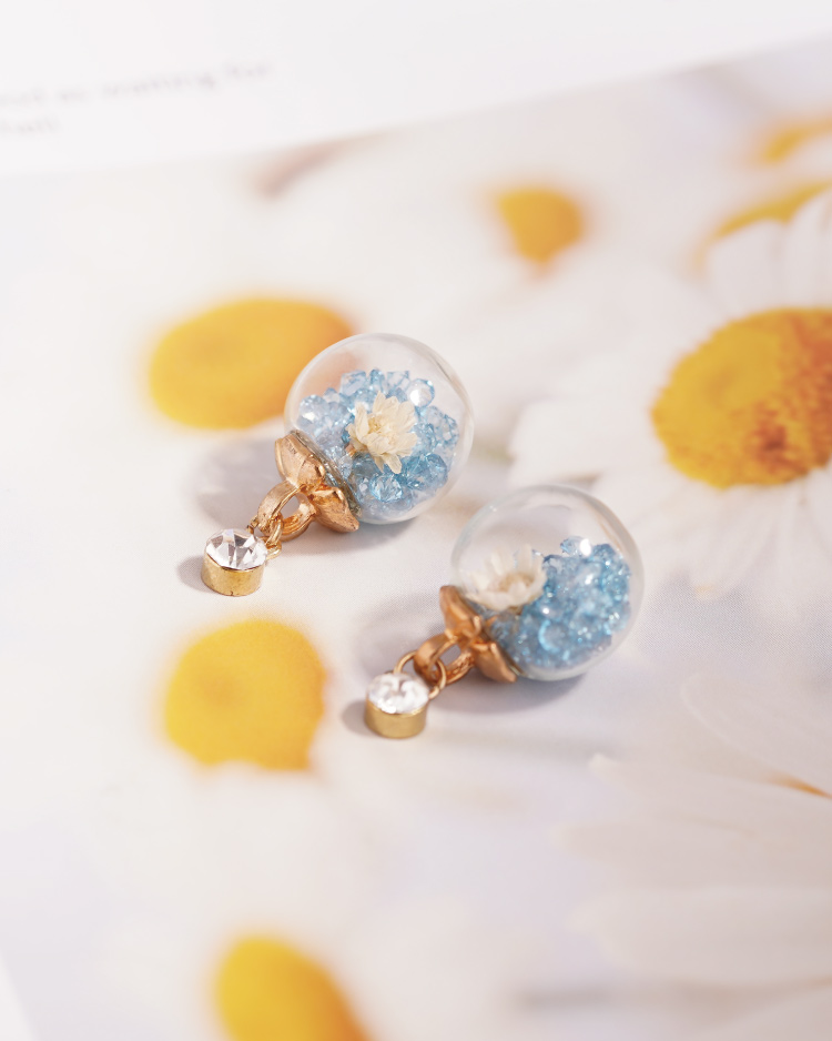 彩色水晶透明玻璃球乾花 耳針/無耳洞黏貼式耳環 模特兒展示