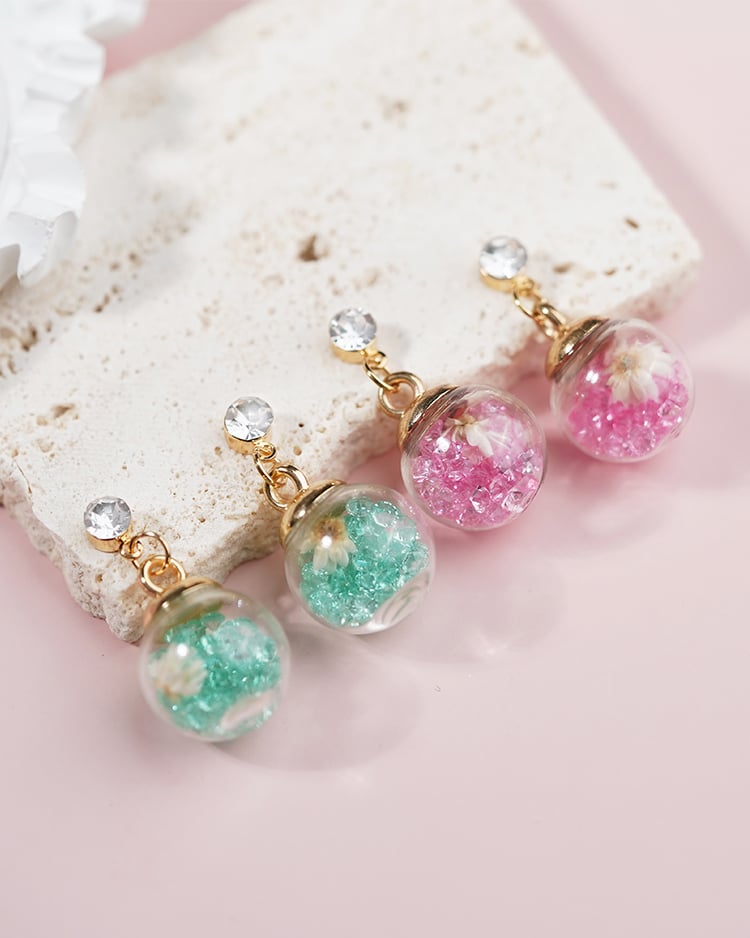 彩色水晶透明玻璃球乾花 耳針/無耳洞黏貼式耳環 場景展示