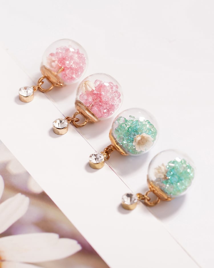 彩色水晶透明玻璃球乾花 耳針/無耳洞黏貼式耳環 場景展示