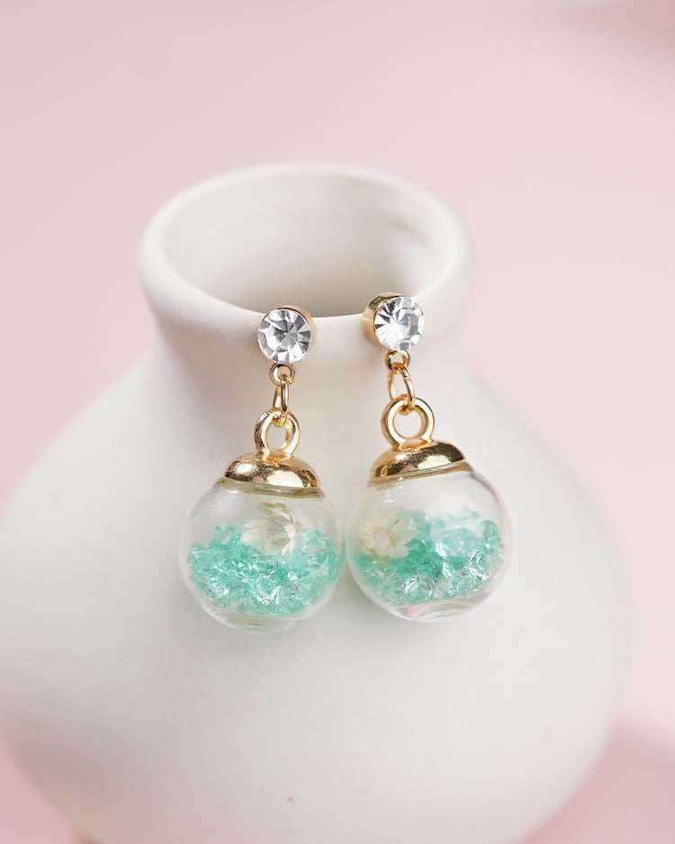 彩色水晶透明玻璃球乾花 耳針/無耳洞黏貼式耳環 場景展示
