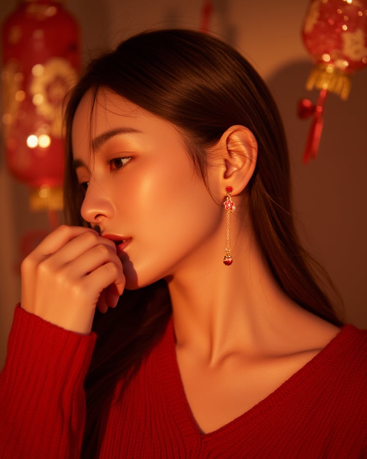 能吃是福新年 耳針/無耳洞黏貼式耳環 模特兒展示