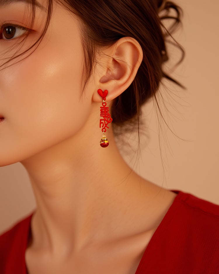 心語心想事成新年 耳針/無耳洞黏貼式耳環 模特兒展示