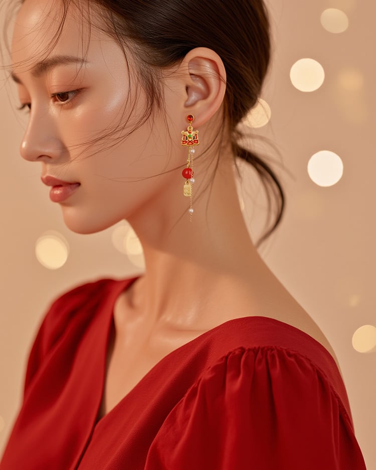 瑞獅迎福耳環新年 耳針/無耳洞黏貼式耳環 模特兒展示