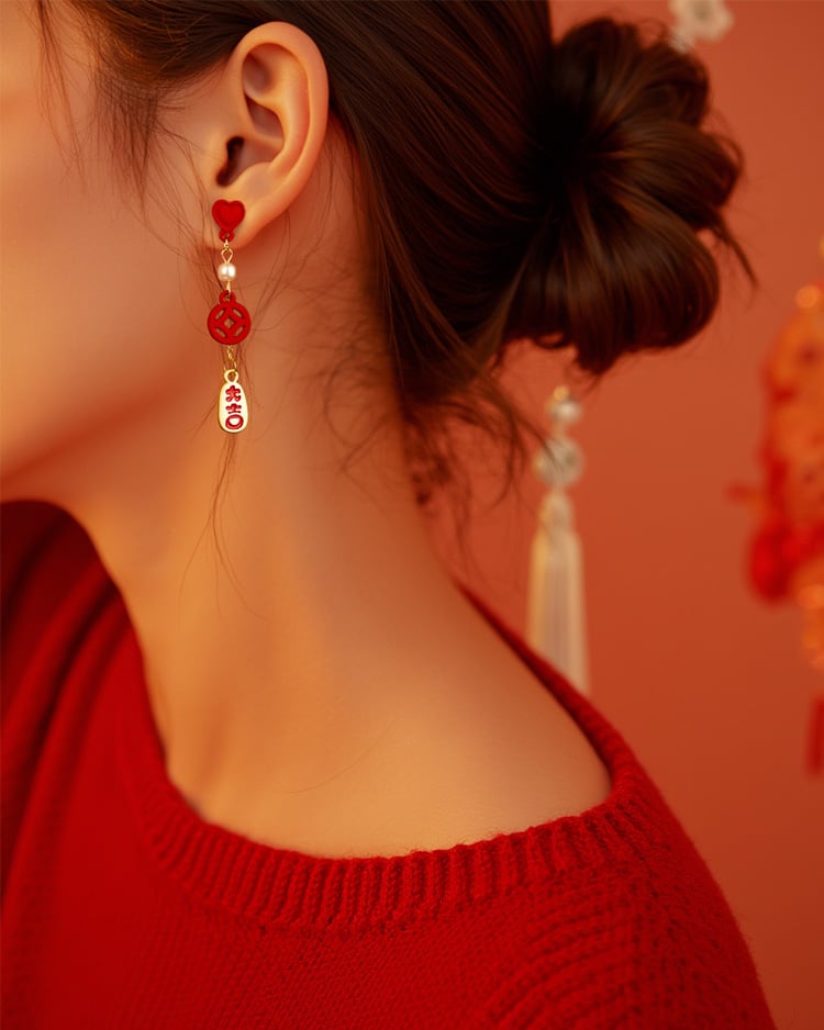 大吉大利喜運新年 耳針/無耳洞黏貼式耳環 模特兒展示