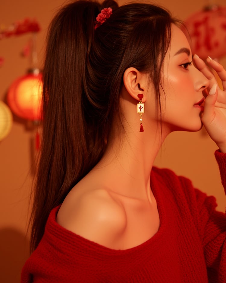 大吉大利喜運新年 耳針/無耳洞黏貼式耳環 模特兒展示