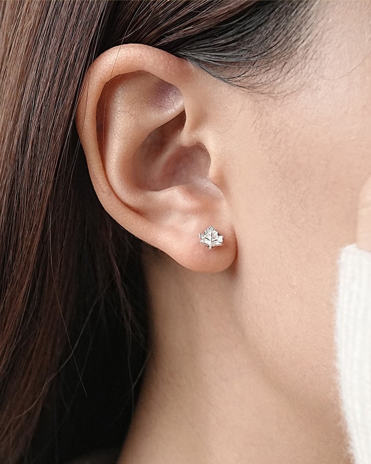 微風銀亮楓葉 耳針/無耳洞黏貼式耳環 模特兒展示