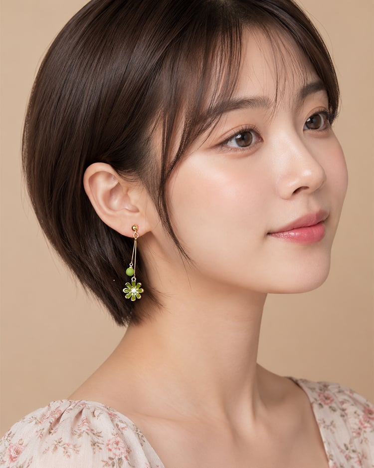 綠意花語垂墜 耳針/無耳洞黏貼式耳環 模特兒展示