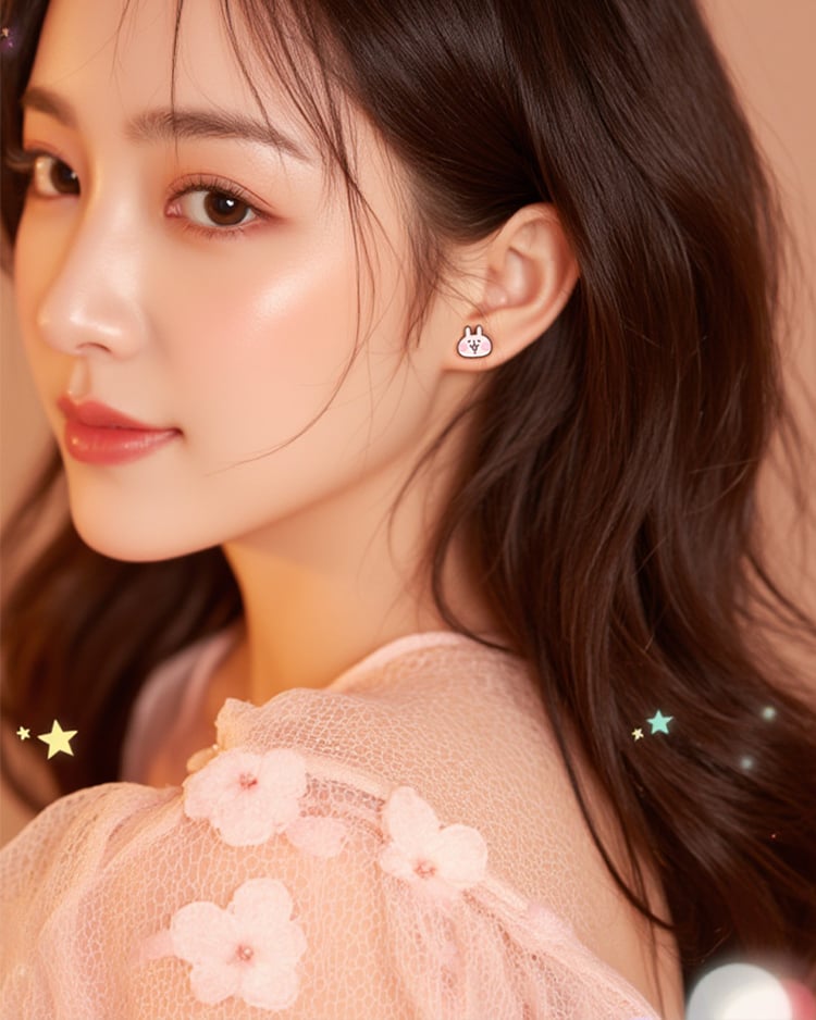 卡娜赫拉的小動物 粉紅兔兔系列 天天開心 無耳洞黏貼式耳環 模特兒展示