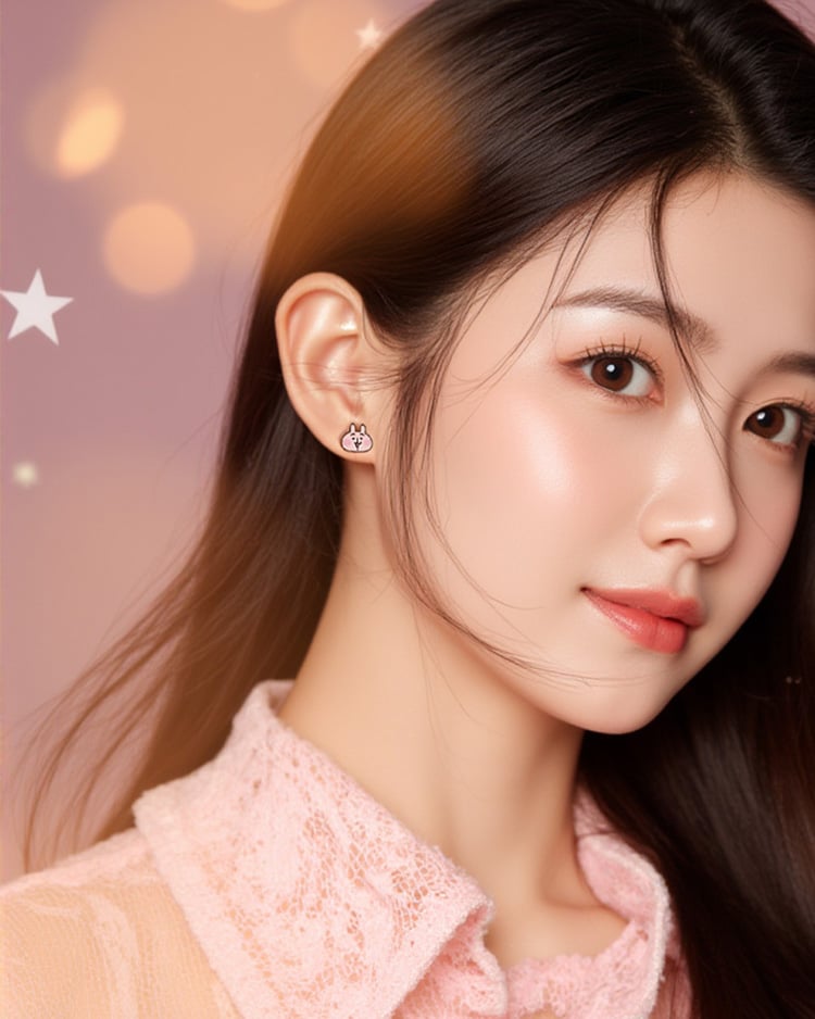 卡娜赫拉的小動物 粉紅兔兔系列 好耶！  無耳洞黏貼式耳環 模特兒展示