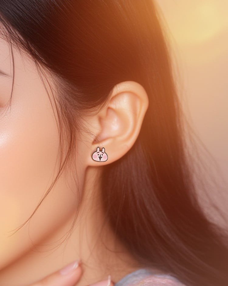 卡娜赫拉的小動物 粉紅兔兔系列 好耶！  無耳洞黏貼式耳環 模特兒展示