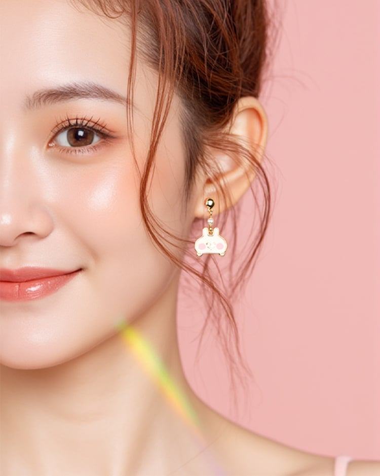 卡娜赫拉的小動物 甜美珍珠兔兔 無耳洞黏貼式耳環 耳針/無耳洞黏貼式耳環 場景展示