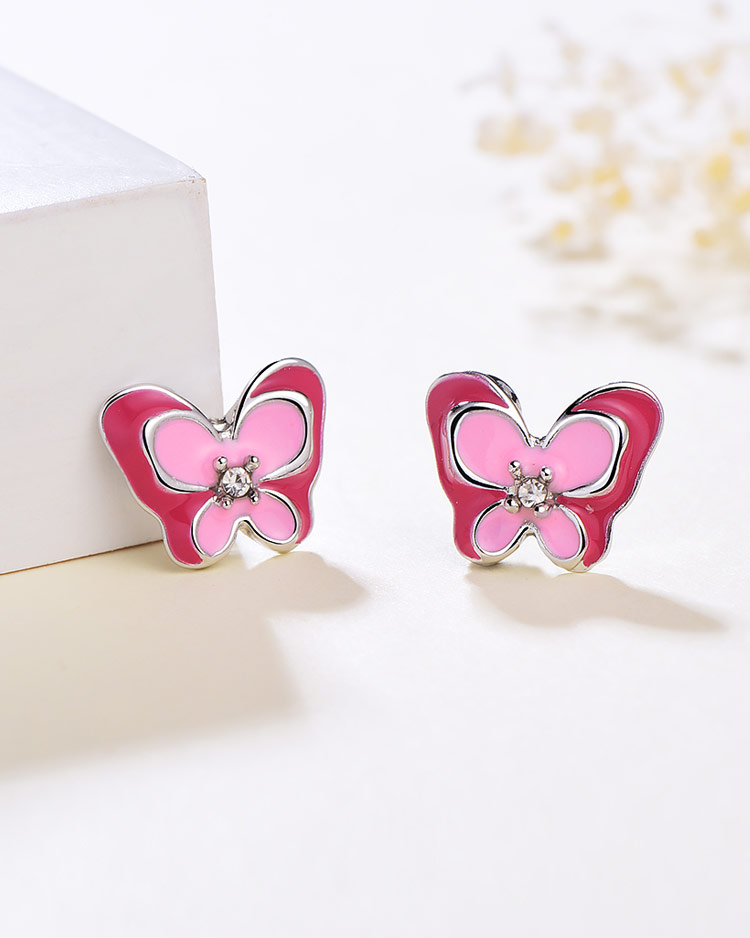 桃粉鑲鑽雙層蝴蝶 無耳洞黏貼式耳環 場景展示