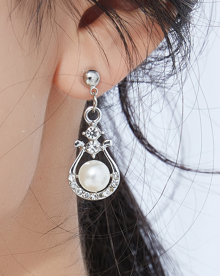 優雅U形鑲鑽珍珠 耳針/無耳洞黏貼式耳環
