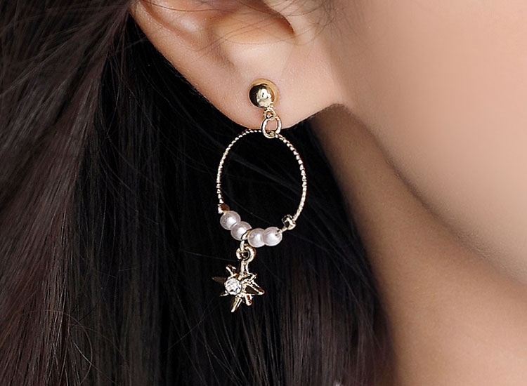 時尚簍空圓環珍珠芒星 耳針/無耳洞黏貼式耳環 