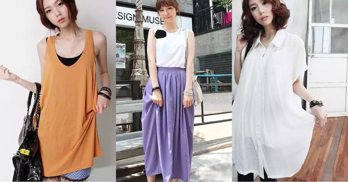 嬌小女孩穿搭NG範例示意圖，展示三種容易壓低身高比例的穿搭錯誤，包括無腰線的寬鬆洋裝、卡膝長裙與過長襯衫，皆容易造成身形模糊與比例失衡
