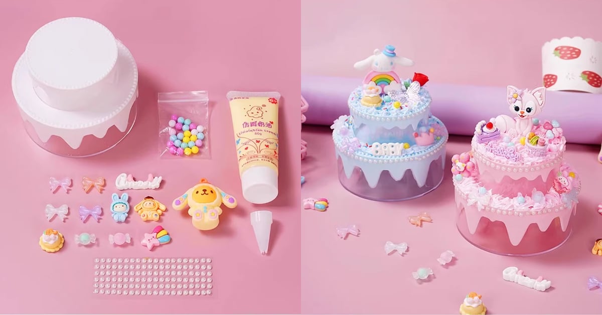 左側為小女孩DIY手作飾品材料，包括奶油膠、可愛飾品配件與雙層蛋糕底座；右側為完成的裝飾蛋糕作品，搭配彩虹、貓咪與蝴蝶結裝飾，適合做為生日創意禮物