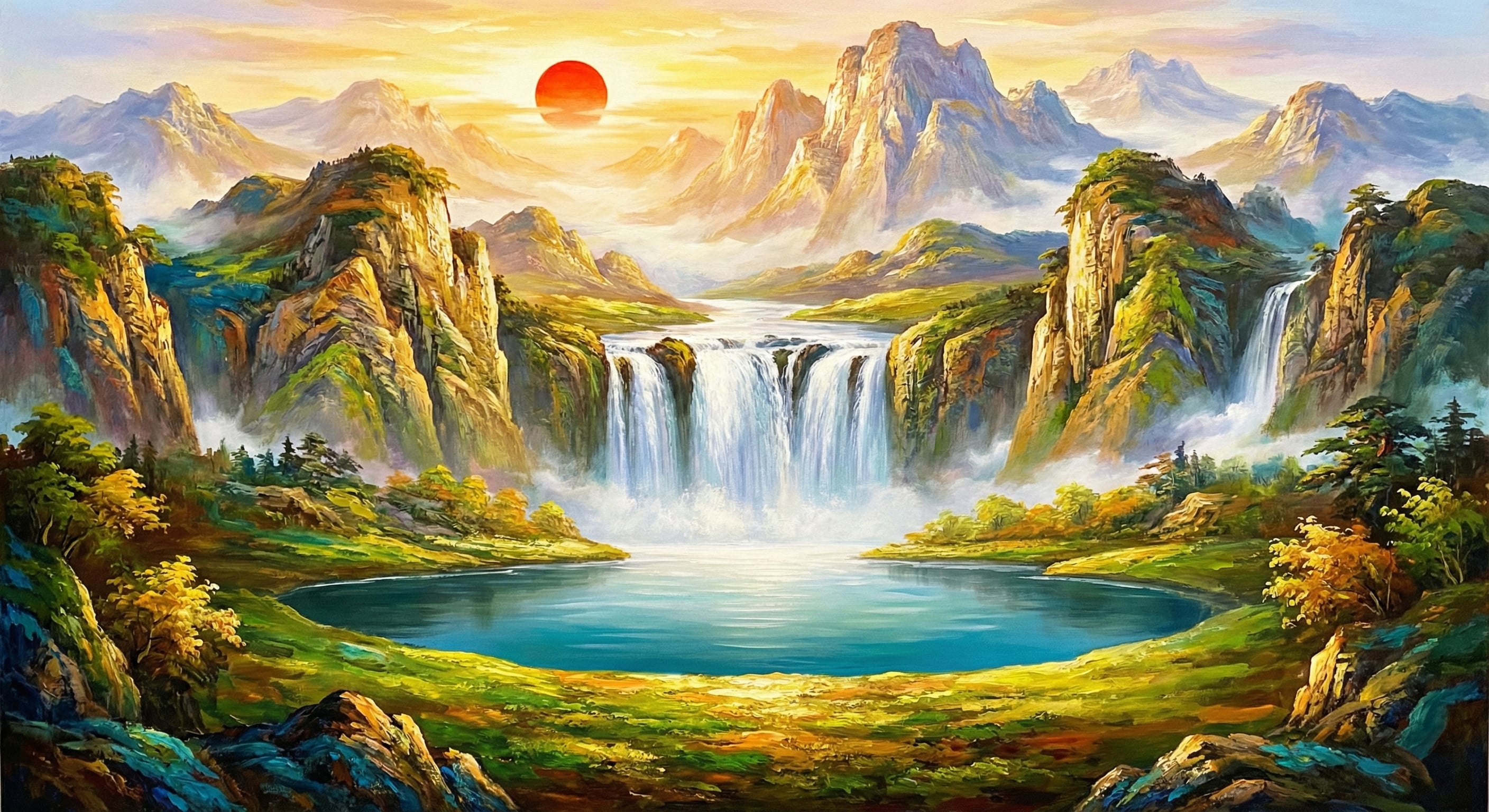 旭日東昇聚寶盆山水油畫，象徵招財聚氣