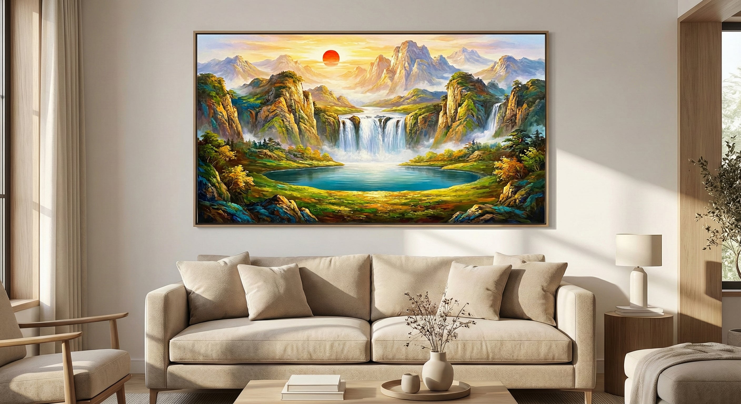 現代客廳掛山水油畫效果圖