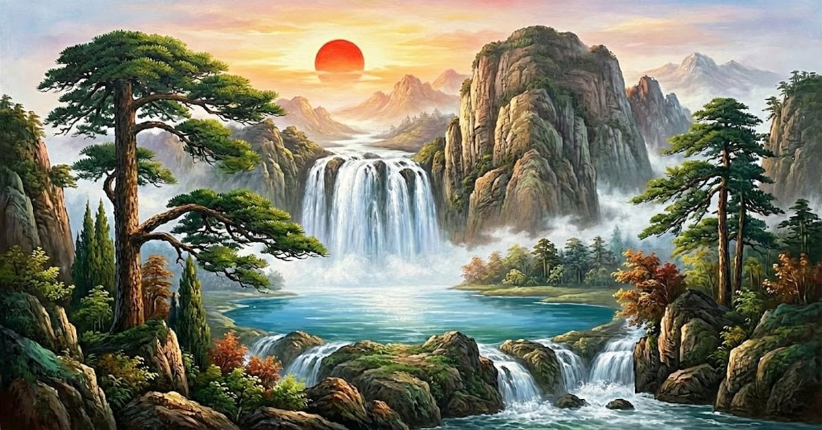 旭日東昇、瀑布聚寶盆山水油畫，風水開運主視覺