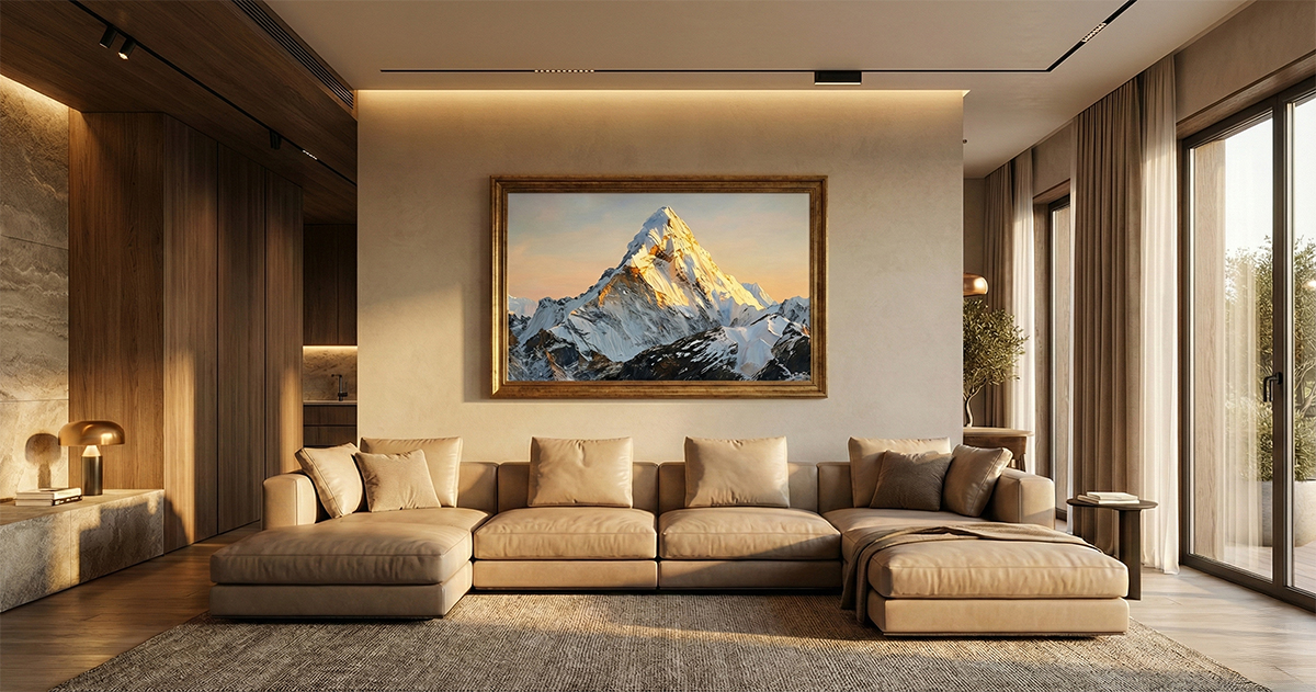現代豪華客廳沙發背牆風水掛畫展示,牆上掛著一幅巨大的「日照金山」手繪油畫,金色的山峰在晨光中閃耀,象徵財運與穩固的靠山,完美融入米色調的現代裝潢風格。提供客製化尺寸訂製服務。