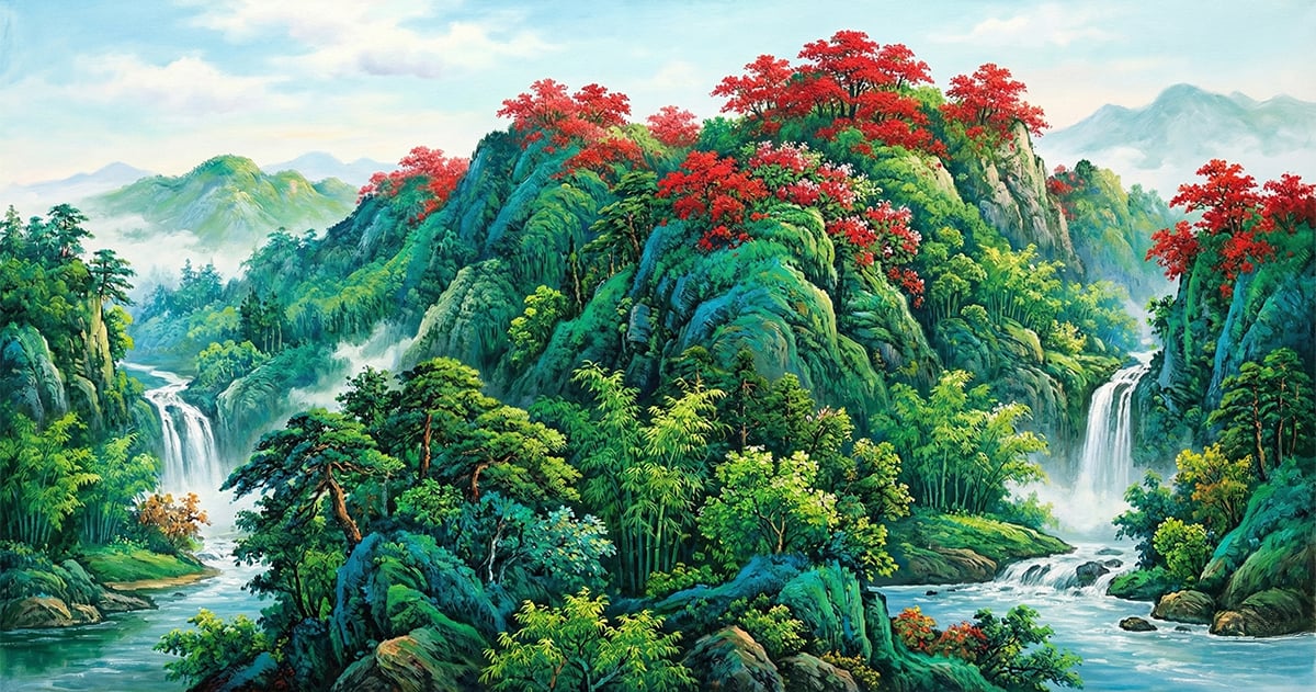 鴻運當頭客廳掛畫-青綠山水油畫