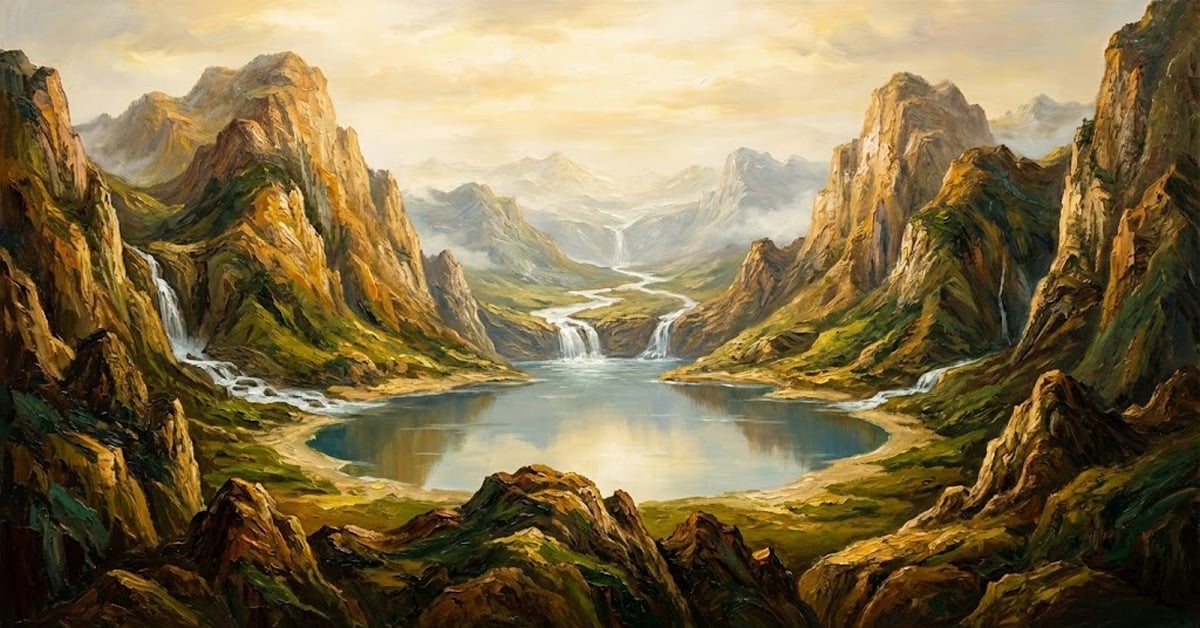 聚寶盆山水油畫-招財進寶