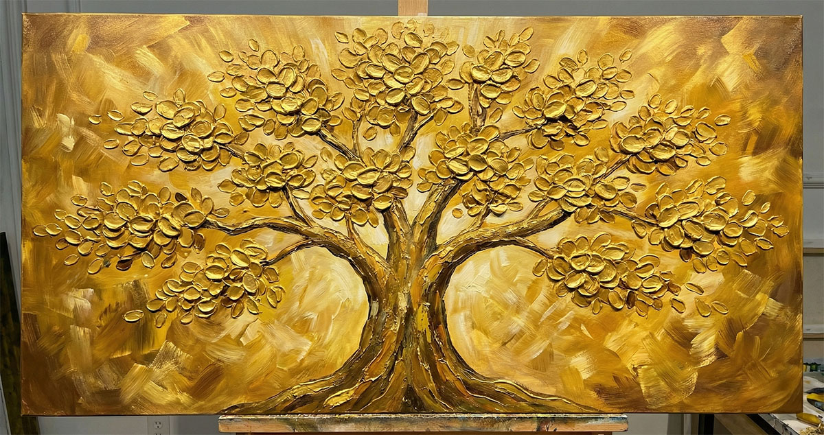 金黃色發財樹立體油畫-偏財運