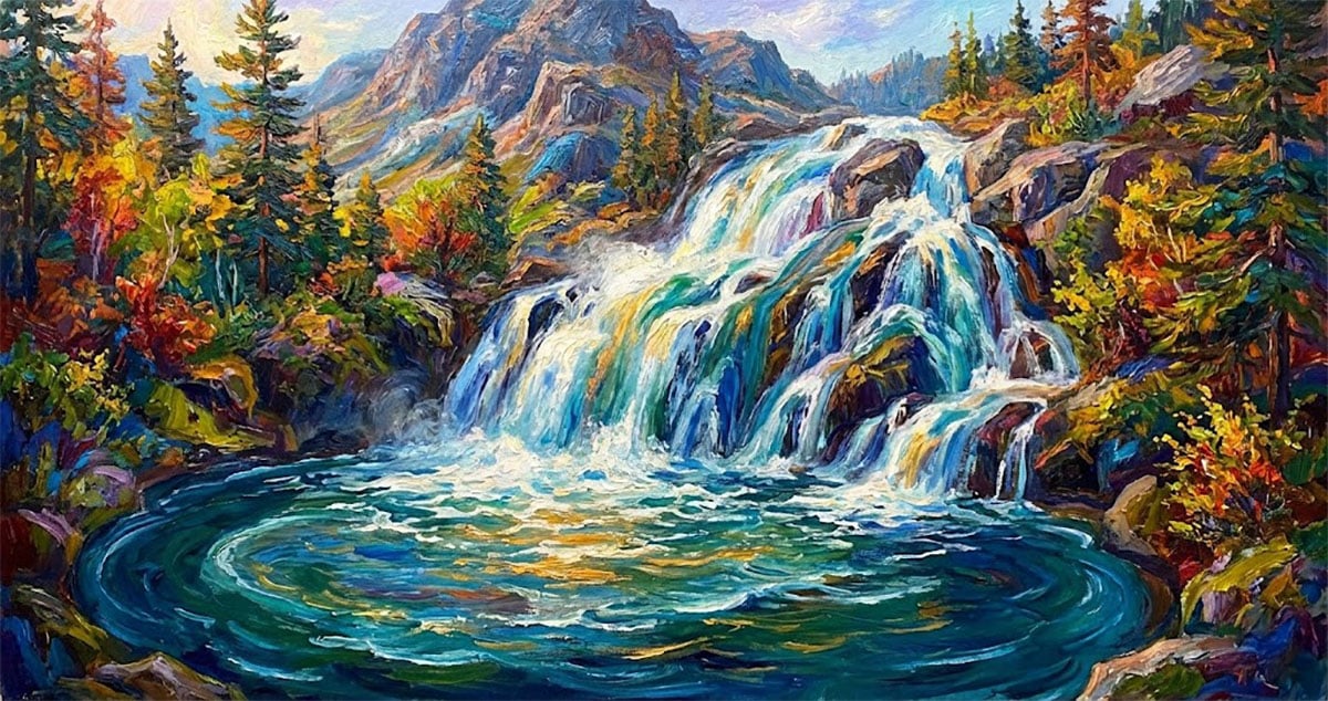 瀑布風水油畫-流水生財