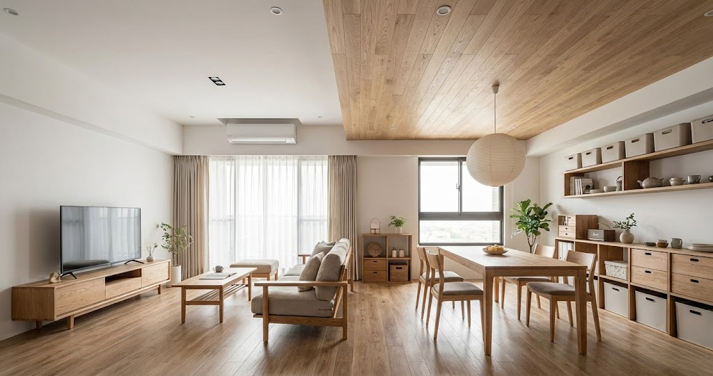 日式無印風空間，局部木質天花板與家具呼應