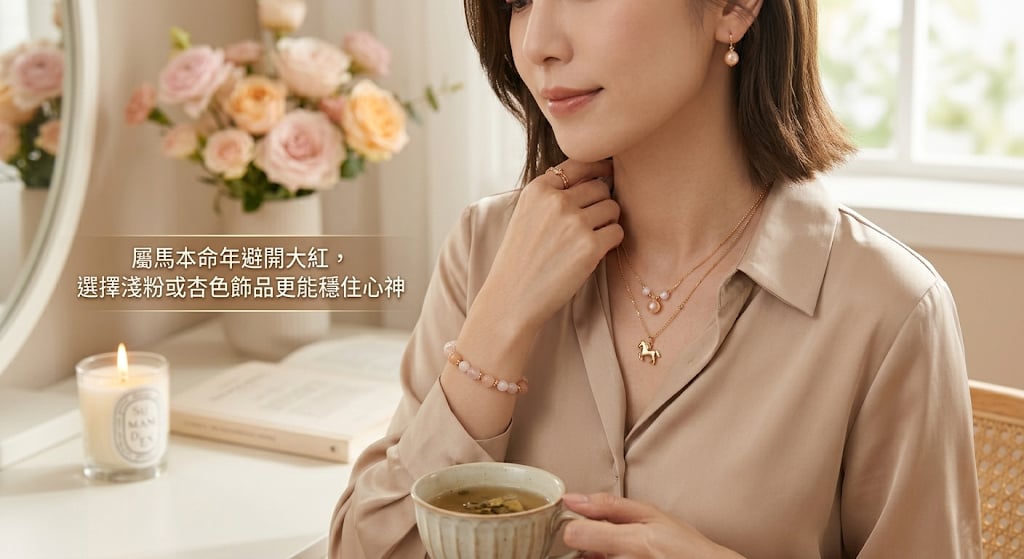 屬馬本命年建議避開正紅，淺粉杏色飾品柔化火氣