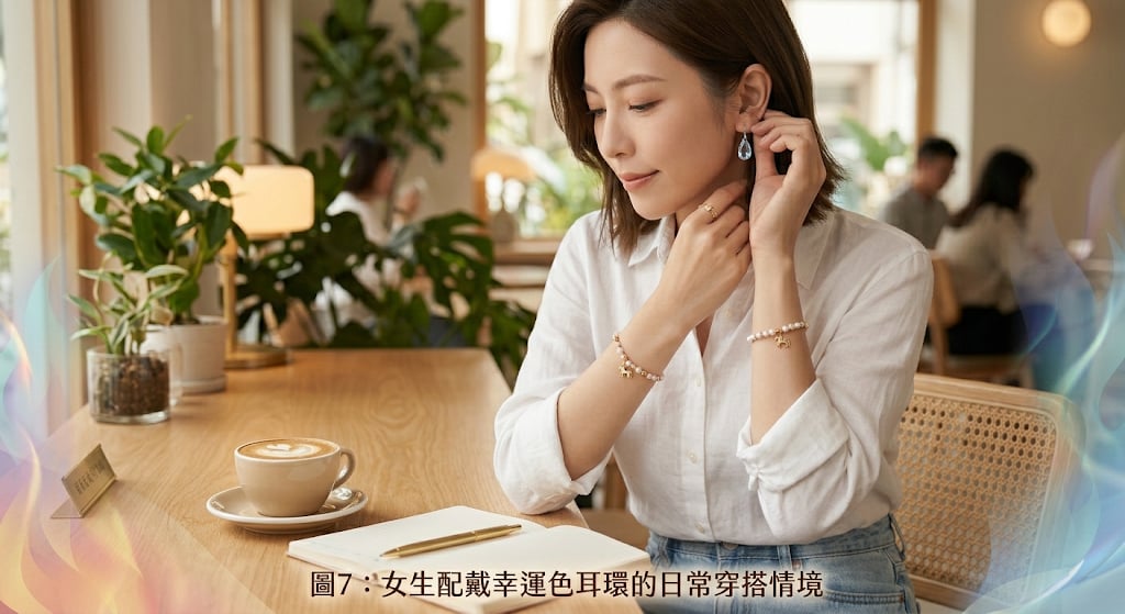 女生配戴幸運色耳環的日常穿搭情境