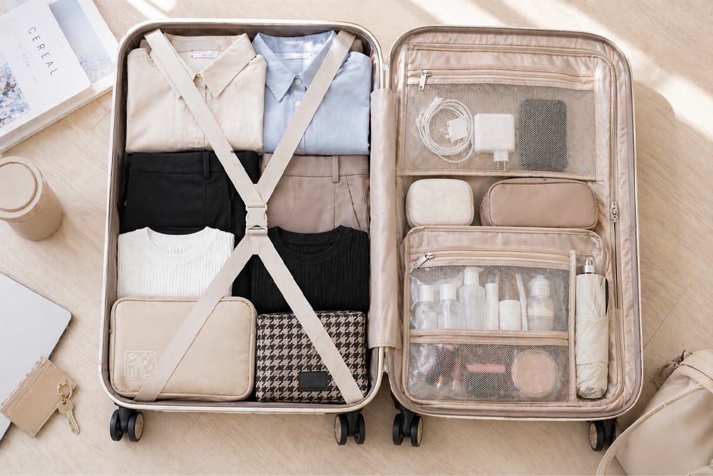 女生出差 20 吋登機箱完整打包示範，衣物保養品分裝收納