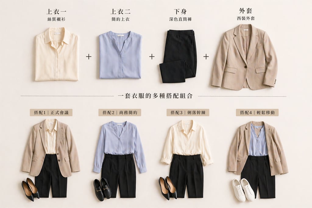 女生出差 3 天 2 夜穿搭公式，兩件上衣加一條褲子互相搭配