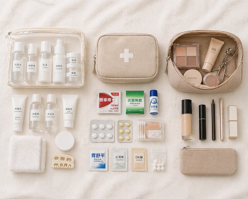 出差保養品旅行分裝瓶收納，小藥包女性生理用品必備清單