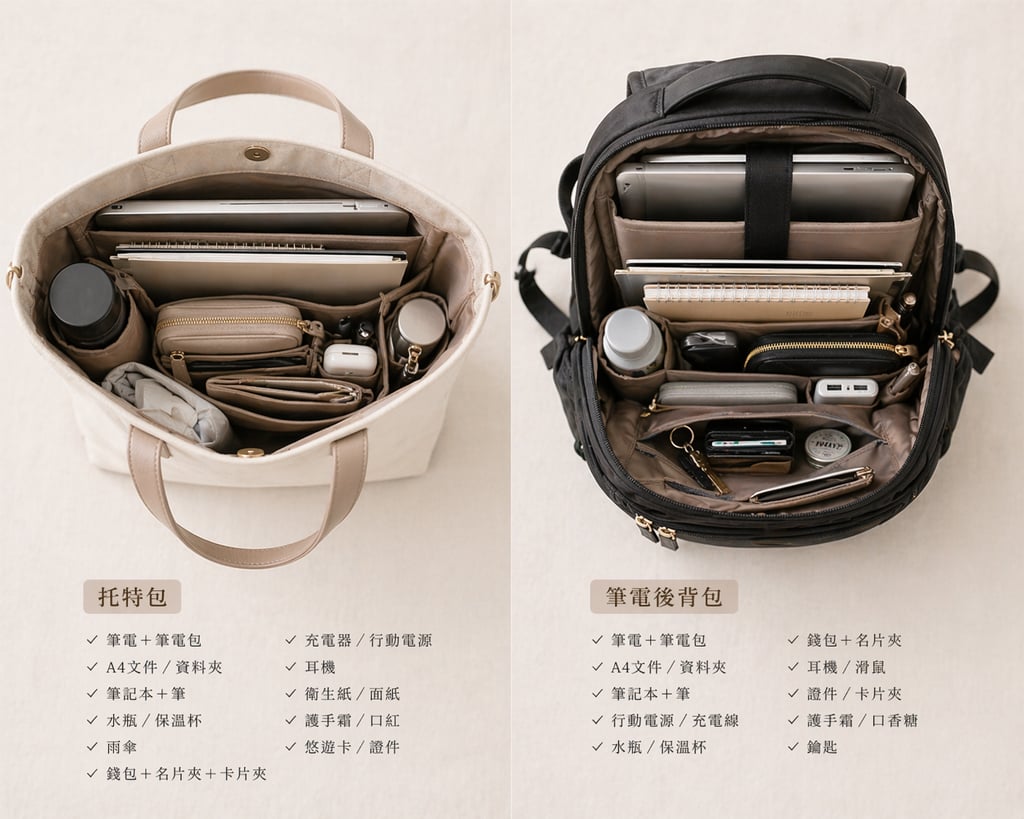 女生出差隨身包完整清單，筆電文件名片夾與必備小物