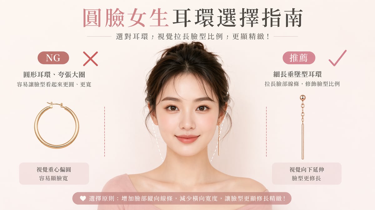 圓臉適合的耳環設計原則 垂直線條拉長臉型