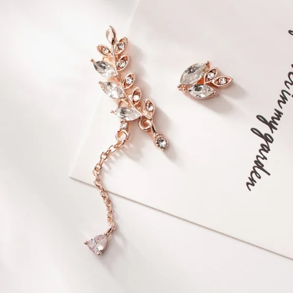 優雅水鑽月桂葉不對稱-耳針無耳洞黏貼式耳環