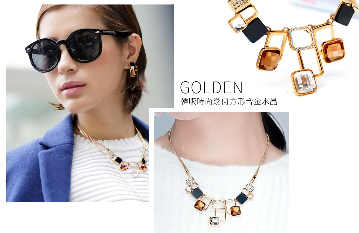 韓版時尚幾何方形合金水晶項鍊